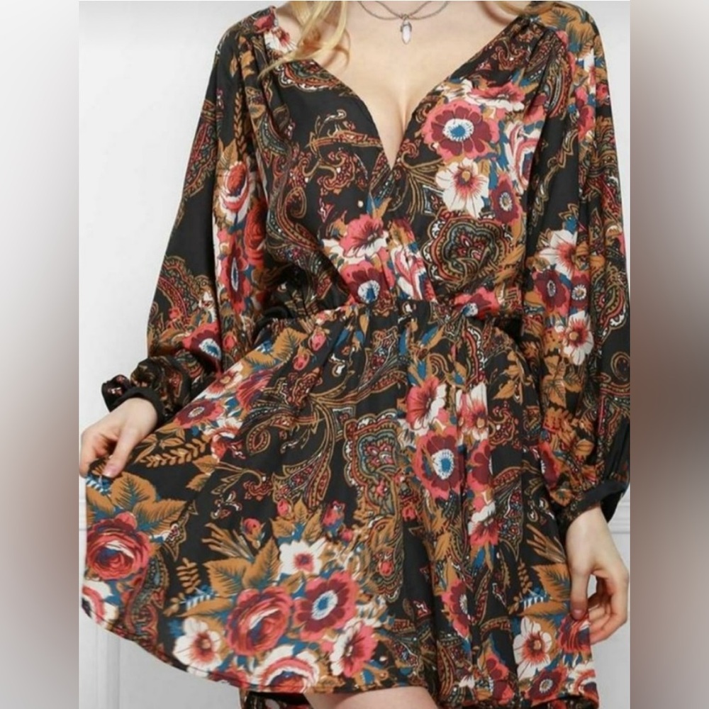 Free People High Plains Dress Tunic Boho Hippie Bubble Floral Mini Medium